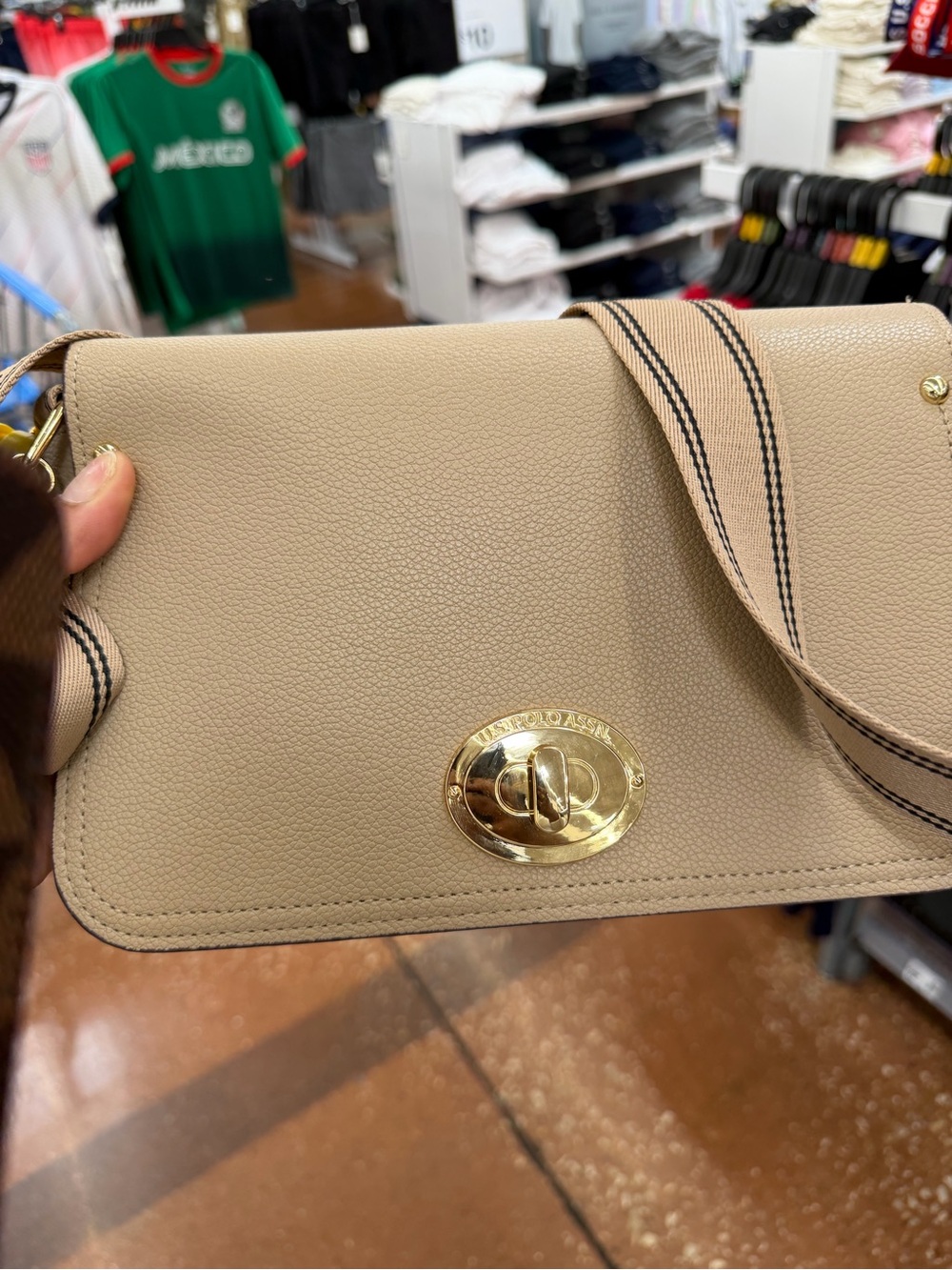 Beige Pebbled Crossbody Bag with Gold Turn-Lock